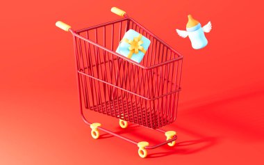 Alışveriş arabası ve hediyeler, 3D görüntüleme. Bilgisayar dijital çizimi.