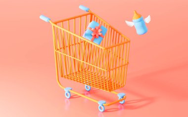 Alışveriş arabası ve hediyeler, 3D görüntüleme. Bilgisayar dijital çizimi.