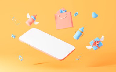 Cep telefonu ve alışveriş çevrimiçi, 3D görüntüleme. Bilgisayar dijital çizimi.