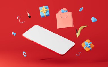 Cep telefonu ve alışveriş çevrimiçi, 3D görüntüleme. Bilgisayar dijital çizimi.