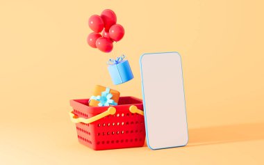 Cep telefonu ve alışveriş çevrimiçi, 3D görüntüleme. Bilgisayar dijital çizimi.