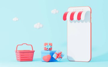 Cep telefonu ve hediyeler, 3D görüntüleme. Bilgisayar dijital çizimi.