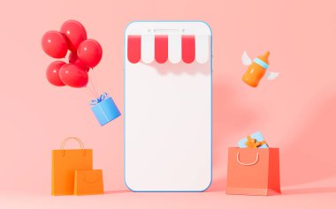 Cep telefonu ve hediyeler, 3D görüntüleme. Bilgisayar dijital çizimi.