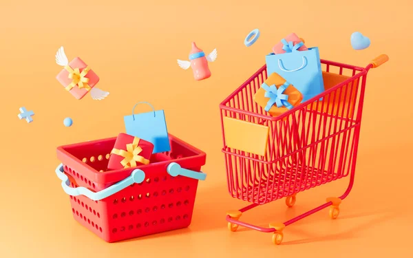 Alışveriş arabası ve hediyeler, 3D görüntüleme. Bilgisayar dijital çizimi.