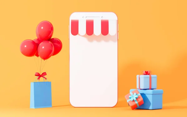 Cep telefonu ve hediyeler, 3D görüntüleme. Bilgisayar dijital çizimi.