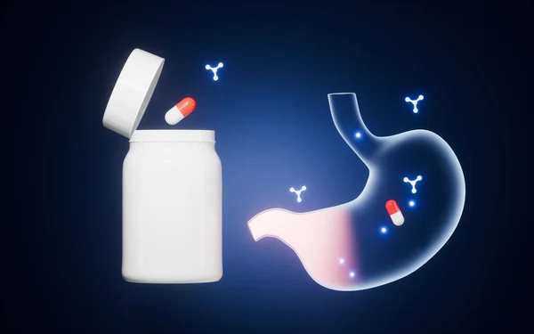 Medicamentos Para Enfermedades Estomacales Moléculas Estómago Renderizado Dibujo Digital Informático —  Fotos de Stock