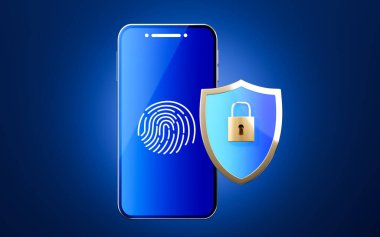 Cep telefonu ve kalkanı mavi arka planda, 3D görüntüde. Bilgisayar dijital çizimi.