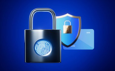 Üzerinde parmak izi ve banka kartı olan asma kilit. Bilgisayar dijital çizimi.