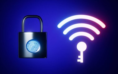 Parlayan kablosuz ağ simgesi ve parmak izi ikonlu asma kilit, 3D görüntüleme. Bilgisayar dijital çizimi.