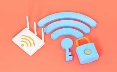 Mavi arka planda bir yönlendirici ve cep telefonu, üç boyutlu görüntüleme. Bilgisayar dijital çizimi.