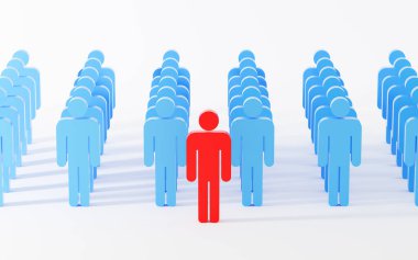 Kırmızı insan figürü çalışanları öne çıkmaya yönlendiriyor. Lider ve lider, takım çalışması işbirliği, 3D görüntüleme. Bilgisayar dijital çizimi.