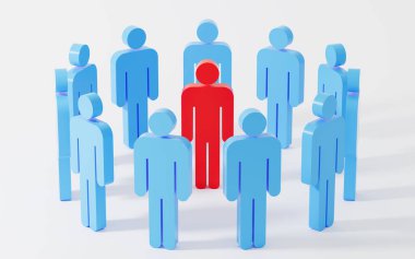 Kırmızı insan figürleri çalışanları, liderleri ve çalışanları, insan kaynakları ve yönetim kavramını, 3D görüntülemeyi yönlendirir ve birbirine bağlar. Bilgisayar dijital çizimi.