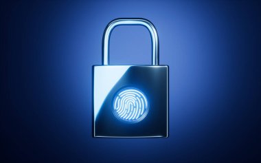 Mavi arkaplanlı, 3 boyutlu bir asma kilit. Bilgisayar dijital çizimi.