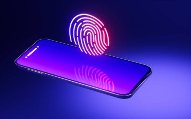 Mavi arka planda parmak izi olan cep telefonu, üç boyutlu görüntüleme. Bilgisayar dijital çizimi.