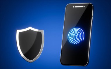 Cep telefonu ve kalkanı mavi arka planda, 3D görüntüde. Bilgisayar dijital çizimi.