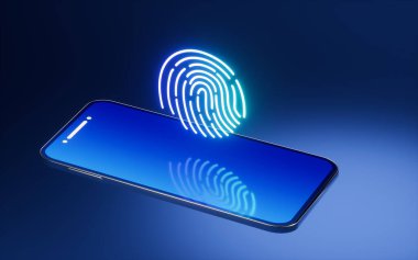 Mavi arka planda parmak izi olan cep telefonu, üç boyutlu görüntüleme. Bilgisayar dijital çizimi.