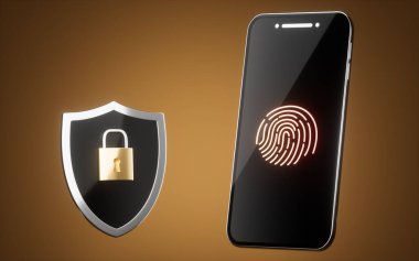 Cep telefonu ve kalkanı kahverengi arkaplanlı, 3D görüntülü. Bilgisayar dijital çizimi.