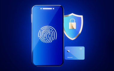 Parmak izi kilidi ve banka kartı, 3D görüntüleme. Bilgisayar dijital çizimi.