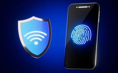 Parmak izi ikonlu cep telefonu ve kablosuz ağ ikonlu bir kalkan, üç boyutlu görüntüleme. Bilgisayar dijital çizimi.