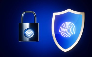 Kablosuz ağ ikonlu bir asma kilit ve parmak izi ikonlu bir kalkan. Bilgisayar dijital çizimi.