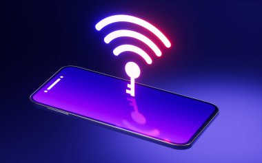 Cep telefonu ve kablosuz ağ ikonu, 3 boyutlu görüntüleme. Bilgisayar dijital çizimi.