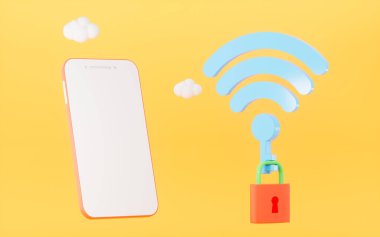 Cep telefonu ve asma kilit sarı arkaplandaki Wi-Fi simgesine bağlı, 3D görüntüleme. Bilgisayar dijital çizimi.