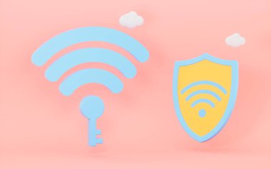 Kablosuz ağ ikonu ve kalkan. Pembe arka planda kablosuz internet ikonu var. 3D görüntüleme. Bilgisayar dijital çizimi.