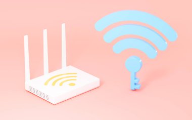 Pembe arka planda bir yönlendirici ve kablosuz ağ, üç boyutlu görüntüleme. Bilgisayar dijital çizimi.