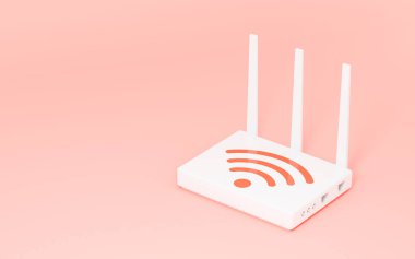 Pembe arka planda kablosuz internet ikonu olan bir yönlendirici. Bilgisayar dijital çizimi.