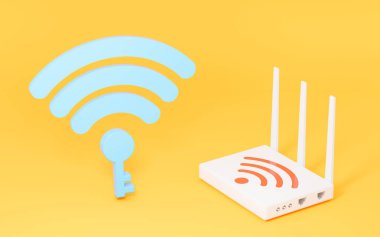 Kabin ve yönlendirici sarı arka planda, üç boyutlu görüntüleme. Bilgisayar dijital çizimi.