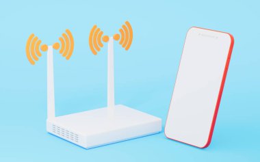 Cep telefonu ve kablosuz ağ ikonlu yönlendirici, üç boyutlu görüntüleme. Bilgisayar dijital çizimi.