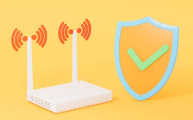 Yönlendirici ve kalkan, üç boyutlu görüntüleme simgesi. Bilgisayar dijital çizimi.