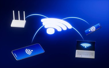 Wifi dizüstü bilgisayarı ve cep telefonunu kapsıyor, üç boyutlu görüntüleme. Bilgisayar dijital çizimi.