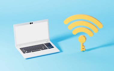 Diz üstü bilgisayar ve kablosuz internet logosu, 3 boyutlu görüntüleme. Bilgisayar dijital çizimi.
