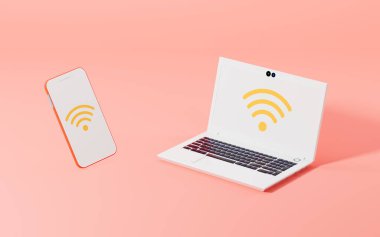 Bir cep telefonu ve pembe arka planı olan bir dizüstü bilgisayar, üç boyutlu görüntüleme. Bilgisayar dijital çizimi.