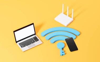 Wifi dizüstü bilgisayarı ve cep telefonunu kapsıyor, üç boyutlu görüntüleme. Bilgisayar dijital çizimi.