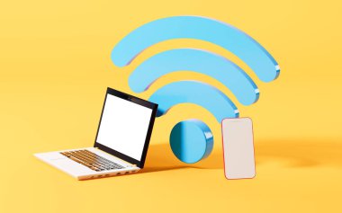 Laptop ve cep telefonu sarı arkaplanda kablosuz internet ikonu, 3D görüntüleme. Bilgisayar dijital çizimi.
