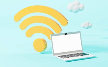Bir dizüstü bilgisayar ve kablosuz internet ikonu, 3 boyutlu görüntüleme. Bilgisayar dijital çizimi.