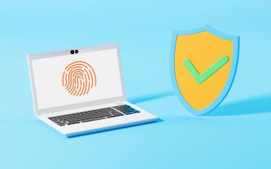 Üzerinde parmak izi olan bir dizüstü bilgisayar ve mavi arka planda bir kalkan, üç boyutlu görüntüleme. r dijital çizimini hesapla.