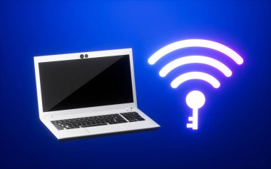 Bir dizüstü bilgisayar ve kablosuz ağ ikonu, mavi arkaplan, 3D görüntüleme. Bilgisayar dijital çizimi.