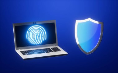 Parmak izi olan bir dizüstü bilgisayar ve mavi arka planı olan bir kalkan. Bilgisayar dijital çizimi.