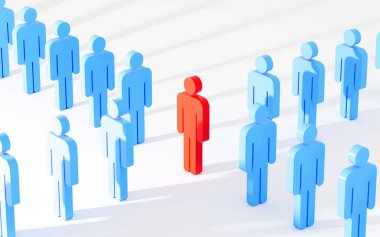 Kırmızı insan figürü çalışanları öne çıkmaya yönlendiriyor. Lider ve lider, takım çalışması işbirliği, 3D görüntüleme. Bilgisayar dijital çizimi.