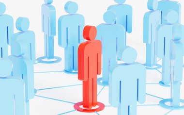 Kırmızı insan figürleri çalışanları, liderleri ve çalışanları, insan kaynakları ve yönetim kavramını, 3D görüntülemeyi yönlendirir ve birbirine bağlar. Bilgisayar dijital çizimi.