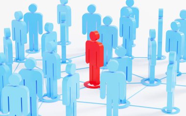 Kırmızı insan figürleri çalışanları, liderleri ve çalışanları, insan kaynakları ve yönetim kavramını, 3D görüntülemeyi yönlendirir ve birbirine bağlar. Bilgisayar dijital çizimi.