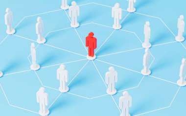 Kırmızı insan figürleri çalışanları, liderleri ve çalışanları, insan kaynakları ve yönetim kavramını, 3D görüntülemeyi yönlendirir ve birbirine bağlar. Bilgisayar dijital çizimi.