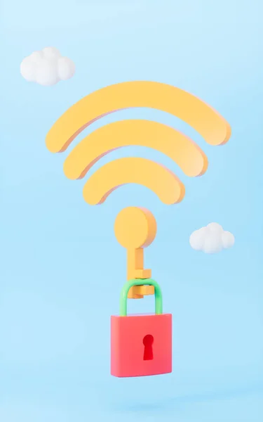 Gelbes Wifi Symbol Und Cartoon Vorhängeschloss Rendering Digitale Computerzeichnung — Stockfoto