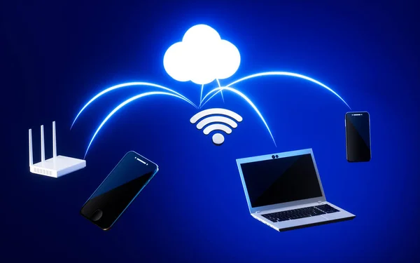 Laptop and mobile, cloud computing concept, 3d rendering. Computer digital drawing.