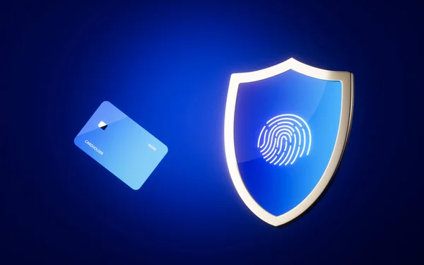 Shield Fingerprint Bank Card Blue Background Rendering Computer Digital Drawing — Stock Photo, Image