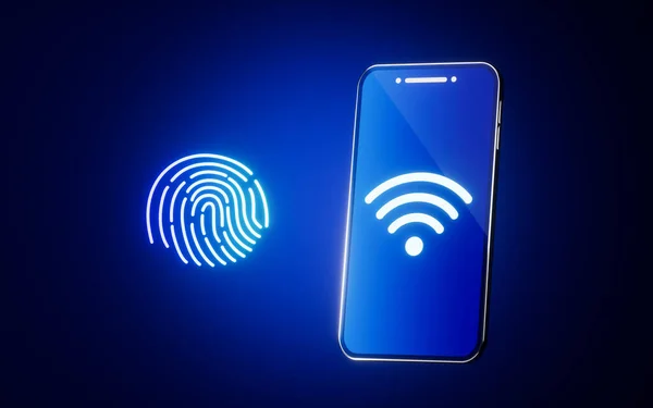 Mobile phone with wifi icon and fingerprint icon, 3d rendering. Computer digital drawing.