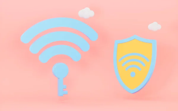 Wifi icon and shield with wifi icon in the pink background, 3d rendering. Computer digital drawing.